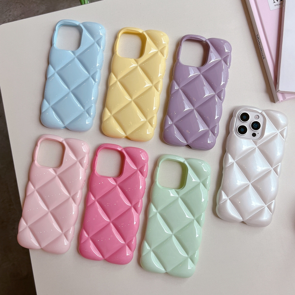 ฤดูร้อน Macaron Series สามมิติ Rhombus รูปแบบตาราง Shock Proof เคสโทรศัพท์สําหรับ iPhone 16 15 14 13 12 Pro Max Cover