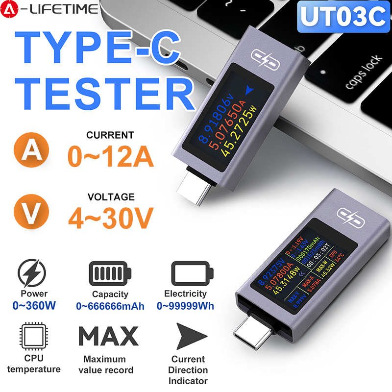 UT03C Type-C Multi-function DC แรงดันไฟฟ้าแอมป์มิเตอร์ 4 ~ 30V 0 ~ 12A สนับสนุน Fast Charging Test P