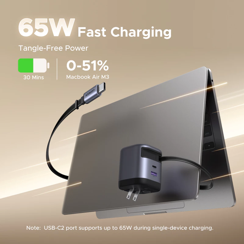 UGREEN Nexode 45/65/100W GaN Charger พร้อมสายแบบพับเก็บได้รองรับ Super Fast Charging 2.0 สําหรับ Samsung Glaxy S25 S24 iPhone 17 Pro Max 16 15 Pro Max thumbnail 3