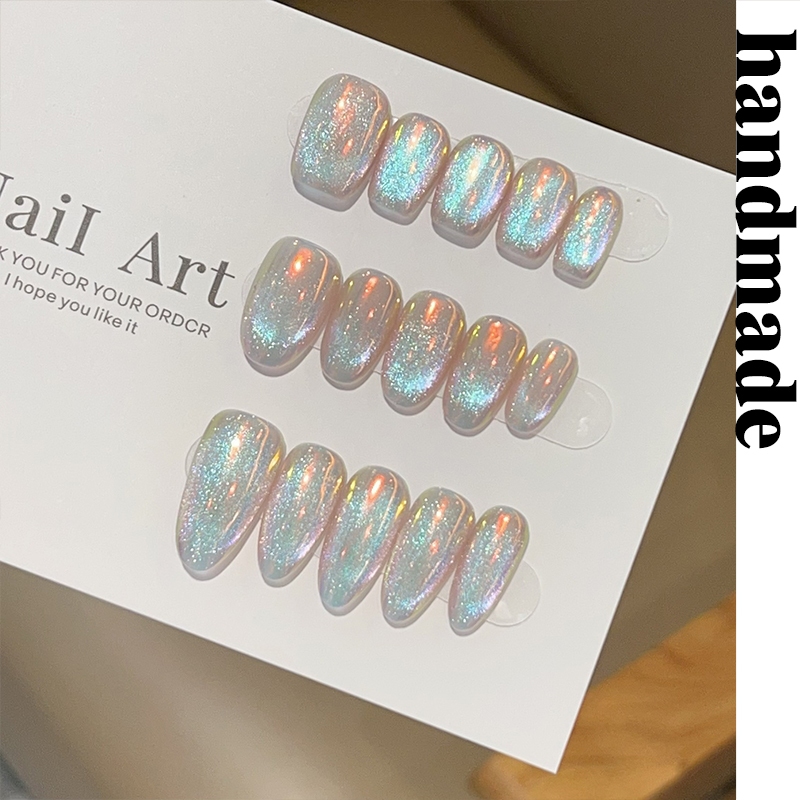 กดบนเล็บทําด้วยมือ [Cloud] Sunset Aurora Super Flashing Cats Eye เล็บปลอมลูกปัดแก้วทําด้วยมือสวมใส่เล็บสั้นสไตล์