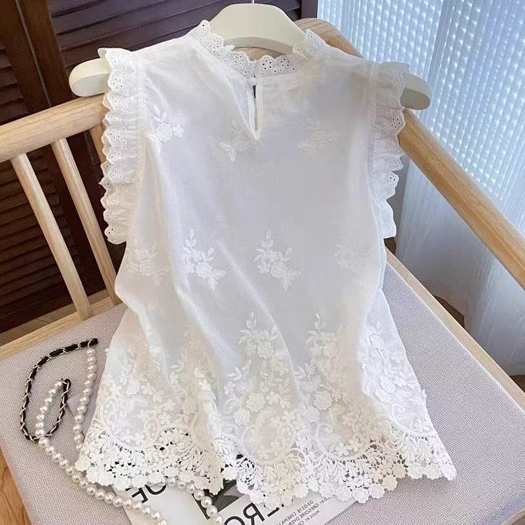 เสื้อแขนกุดสไตล์เกาหลีสำหรับสุภาพสตรี ทำจากผ้าฝ้ายลูกไม้สีขาวบริสตอล