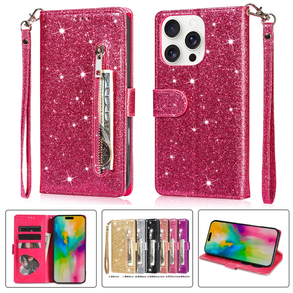 เคส Case for iPhone 17 Air 17e 16e 16 7 8 SE 2020 2022 SE2 SE3 XR 11 12 13 18 Pro Max 14 15 Plus เคสฝาพับ เคสเปิดปิด โทรศัพท์หนัง TPU นิ่ม ฝาพับ ลายกลิตเตอร์ พร้อมช่องใส่บัตร Bling Glitter Rhinestone Love Leather Flip Cover Wallet Card Slots SFLL