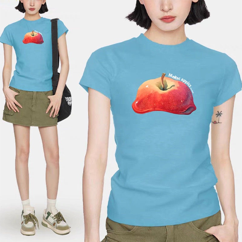 เสื้อยืดแขนสั้นผ้าฝ้าย สไตล์อเมริกันสำหรับผู้หญิง สวมใส่ง่าย และกระชับพอดีตัว