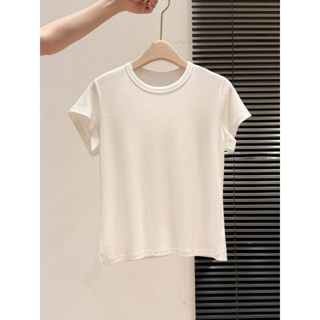 85677 เสื้อยืดแขนสั้นลําลองคอกลมสีทึบ