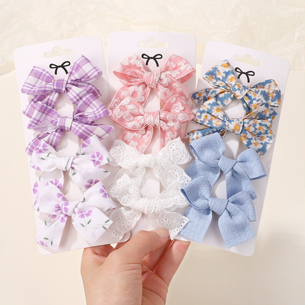 4 ชิ้น/เซ็ต Ins Bowknot กิ๊บติดผมสําหรับสาวหวานดอกไม้สดสีดําสีขาว Checkered Hairgripes ลูกไม้ลายเส้นด้าย Barrette