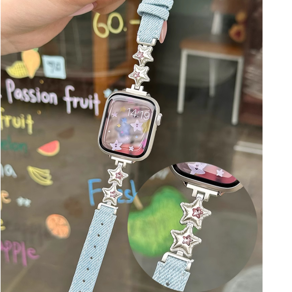 สายนาฬิกา Star Denim สําหรับสายนาฬิกา A-pple Series10 9 8 7654321,SE Ultra2 iwatch Strap Denim i Wat