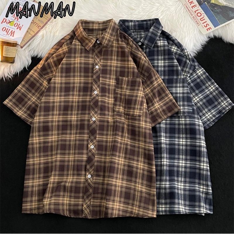 M＆M สไตล์อเมริกันวินเทจ เสื้อเชิ้ตแขนสั้น การออกแบบตาราง 2025ฤดูร้อนรุ่นใหม่ แฟชั่น