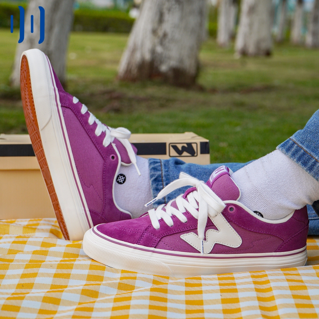Ollie81016 Ollieskate สีม่วงหนังนิ่มผ้าใบเย็บแฟชั่นสบายๆผู้ชายผู้หญิงสเก็ตบอร์ดรองเท้ารองเท้าผ้าใบ