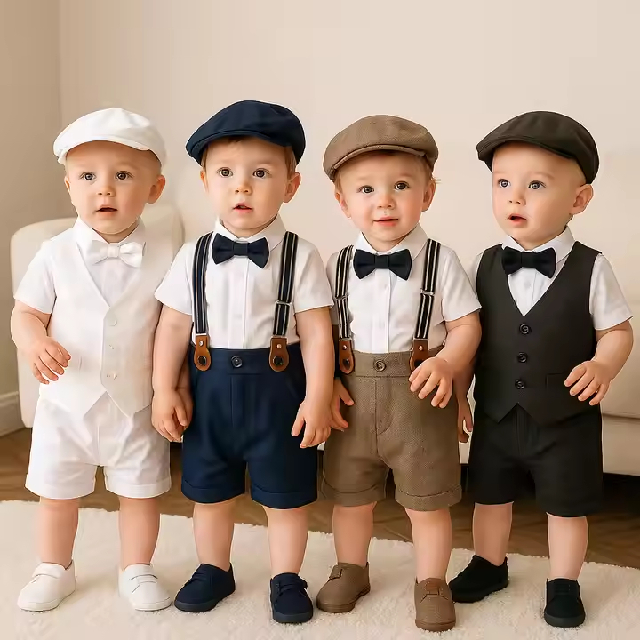 ทารกแรกเกิดเสื้อผ้าเด็กทารกสุภาพบุรุษเสื้อผ้าชุด Bow-tie เสื้อ Romper + กางเกงขาสั้นสายเอี๊ยม + หมวกสําหรับทารกแรกเกิด One Year Old Gentlemans เสื้อผ้าวันเกิดชุดสําหรับเด็กทารกชุด 3 ชิ้น Se