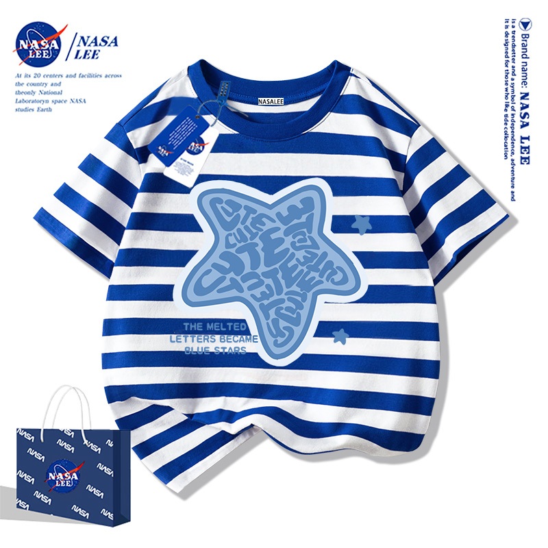 【สินค้ามีในสต็อก】เสื้อยืดเด็ก NASA ลายทางสีน้ำเงิน-ขาว ผ้าฝ้าย 100% ลายดาวทะเลการ์ตูน (Cartoon Starfish)