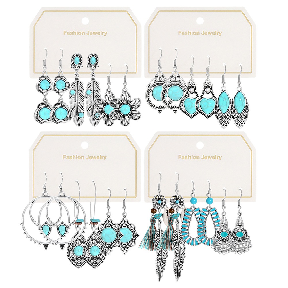 คลาสสิก Retro 2025 ใหม่ชุดต่างหูผู้หญิง Bohemian Blue Stone Silver Plated Geometric ดอกไม้ต่างหูเจาะ Pendientes เครื่องประดับ
