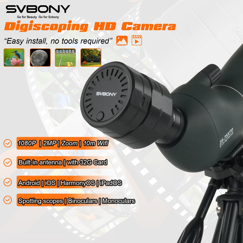 Svbony SC002 WiFi Digiscoping กล้อง 1080P HD ซูมดิจิตอล 4 ระดับพร้อมการ์ด TF 32GB สําหรับเล็งขอบเขต