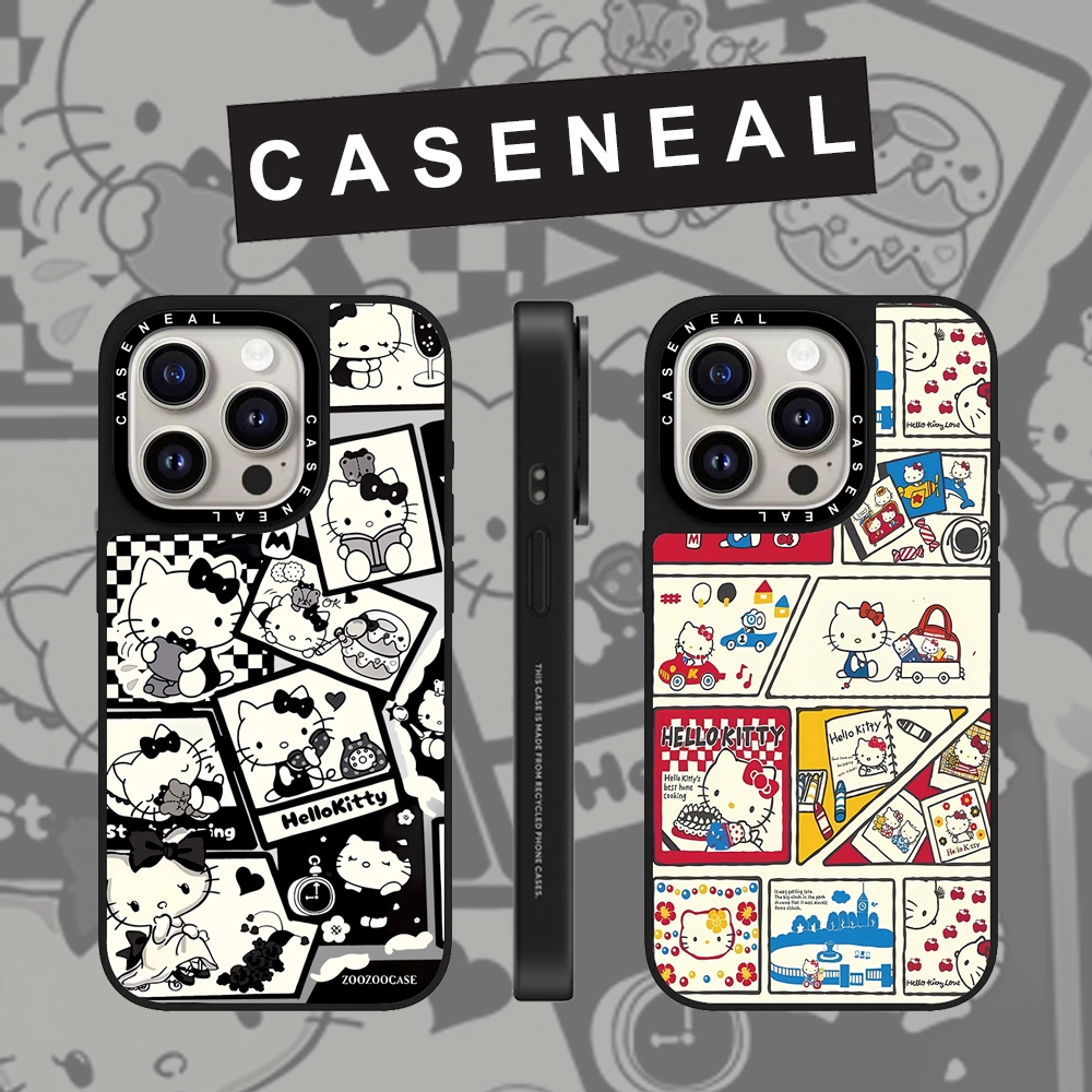 CASENEAL การ์ตูนน่ารักสติกเกอร์ภาพประกอบ Kitty cat กระจกหน้าเคสโทรศัพท์สําหรับ iPhone 16 Pro Max 15 Plus 14 ProMax 13 12Pro 11 โทรศัพท์กันกระแทกขอบนุ่มฮาร์ดป้องกันกรณี