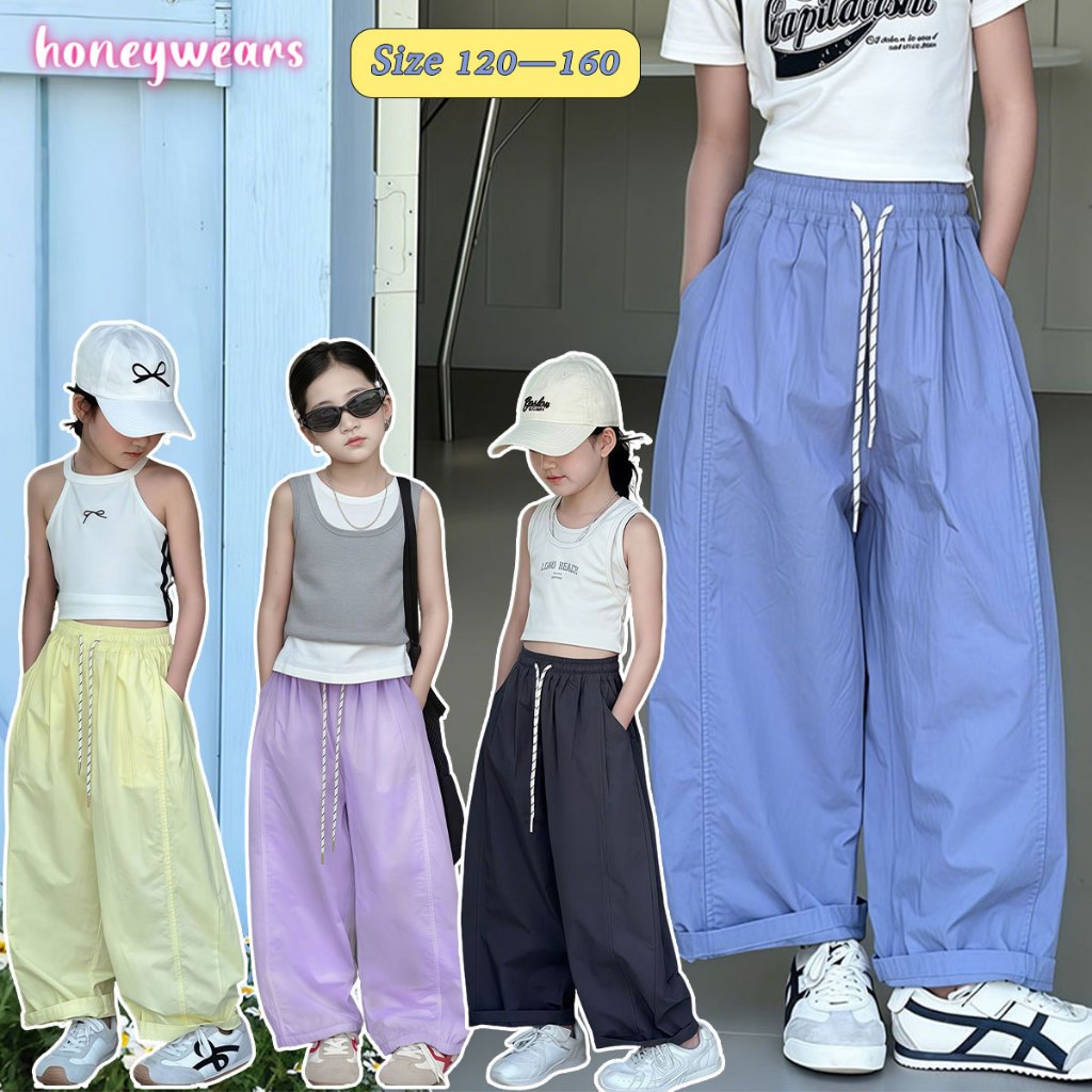 Honeywears ພ້ອມສົ່ງ กางເກງຍາວເດັກຍິງ ทรงຫຼວມ ມີເຊືອກ ແອວຢາງຍືດ ສີພື້ນ ແບບເກົາຫຼີ ຂະໜາດ 120-160
