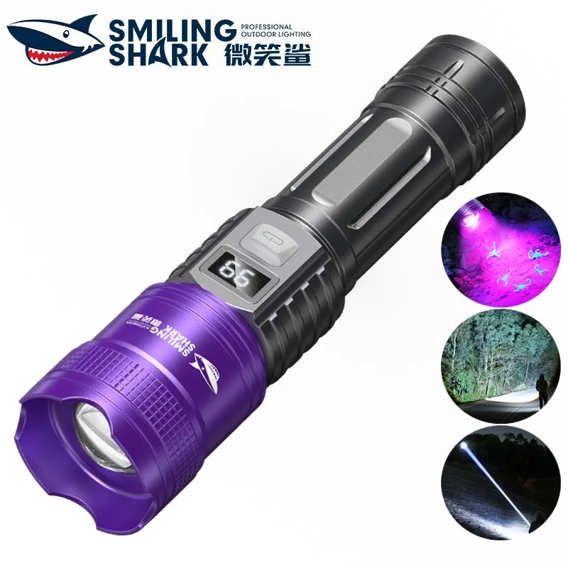SmilingShark SD5252 ไฟฉาย led LED + UV395NM การระบุตัวตน ไฟคบเพลิง หลอดตรวจจับสารฟลูออเรสเซนต์ ซูมได้ 5 รูปแบบ ชาร์จใหม่สำหรับการตรวจจับธนบัตรการประเมินเครื่องประดับ