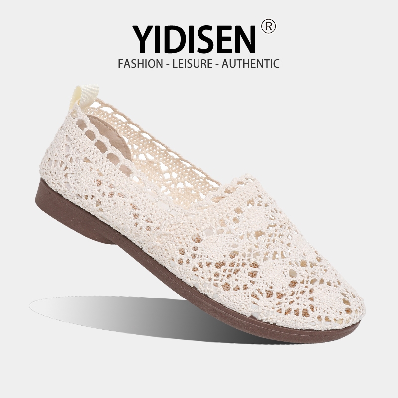YIDISEN รองเท้าส้นแบนลูกไม้สไตล์นางฟ้าตาข่ายระบายอากาศพื้นรองเท้านุ่มไม่เหนื่อยเพื่อการพักผ่อนต้องมี