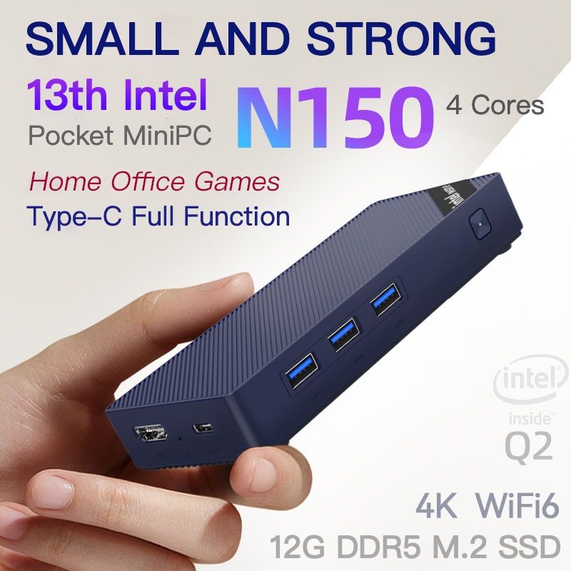 Q2 Mini PC N150 Win11Pro Full-Function Type-C 12G LPDDR5 M.2 NVME SSD Dual Screen Display Wifi6 Blue