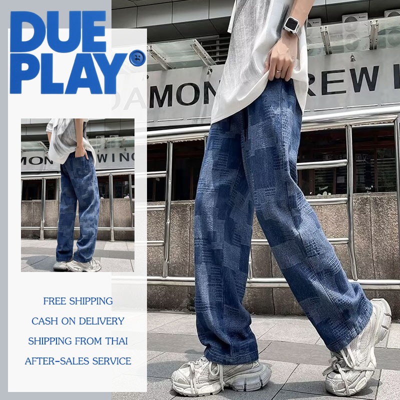 Dueplay กางเกงยีนส์ผู้ชาย ขากระบอกชาย ลายสก๊อต สไตล์เมกา เอวยางยืด ไซส์ใหญ่ baggy jeans ชาย