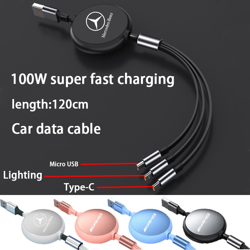 Mercedes Benz Car 100W Super Fast Charging Scalable 3-in-1 Data Cable รองรับ Huawei และ Apple เหมาะสําหรับ A-Class B-Class C-Class E-Class S-Class A AMG GLA GLC GLB EQA EQB EQC