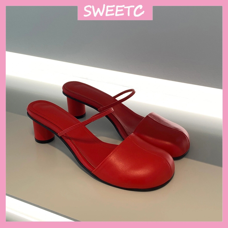 รองเท้าสำหรับผู้หญิง ส้นหนาสีแดง หัวมน หนังฝรั่งเศส