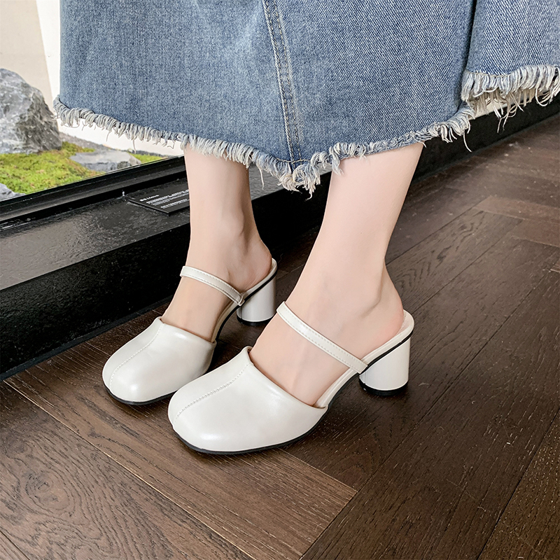 รองเท้าสำหรับผู้หญิง ส้นหนาสีแดง หัวมน หนังฝรั่งเศส - รูปที่ 3