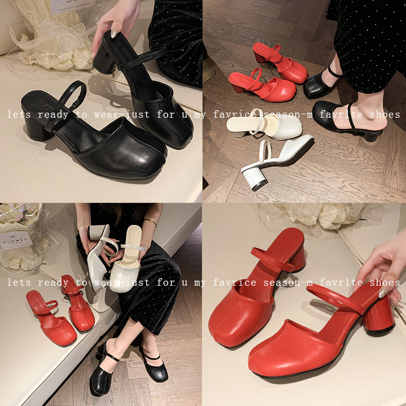 รองเท้าสำหรับผู้หญิง ส้นหนาสีแดง หัวมน หนังฝรั่งเศส - รูปที่ 2