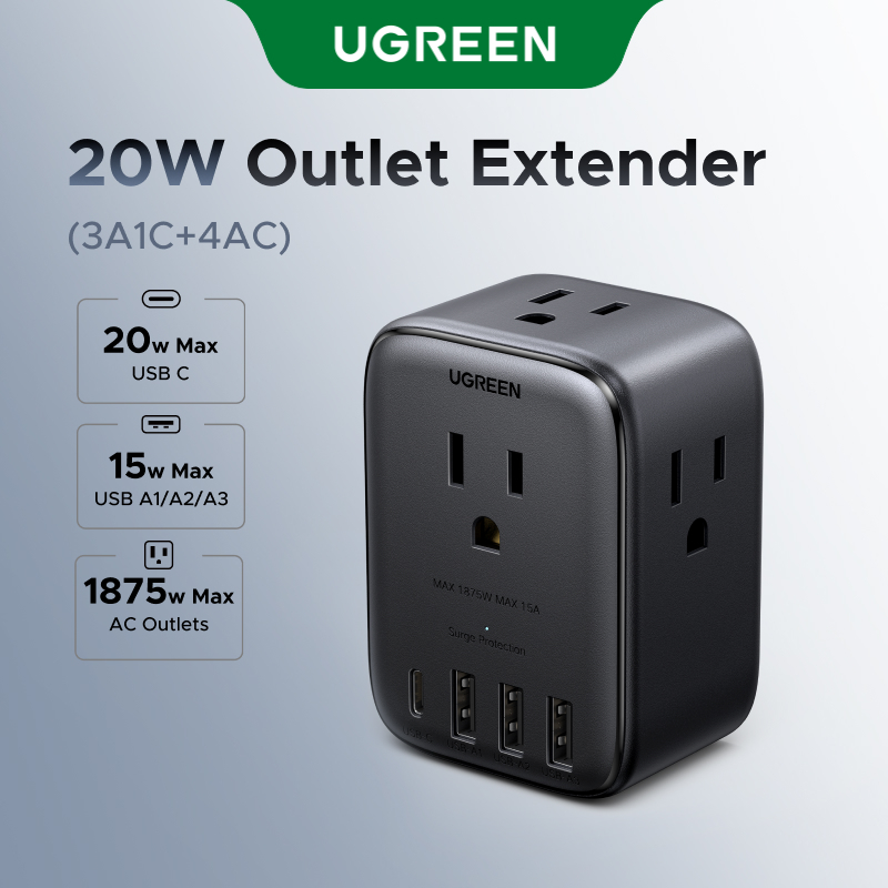 UGREEN US Plug Outlet Extender พร้อม 4 AC Outlets, 1 USB-C (20W), 3 USB-A (15W), ป้องกันไฟกระชาก, กา