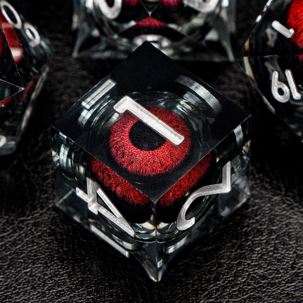 Cats Eye Liquid Core DND Dice Set (พร้อมกล่อง) ชุดลูกเต๋าโพลีฮีดรัลคมสีแดง ลูกเต๋า D&D โปร่งใสทํามือเรซิน เหมาะสําหรับเกมตั้งโต๊ะสวมบทบาท D&D