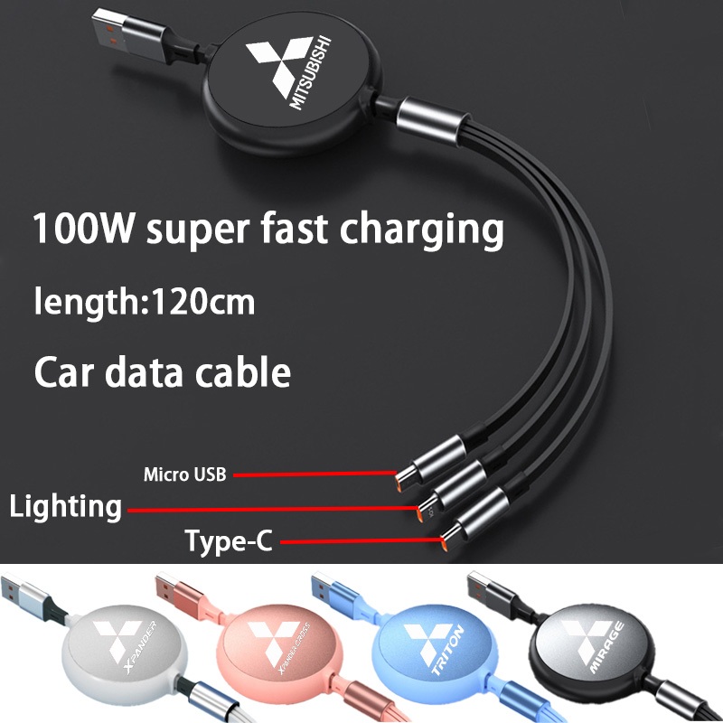 MITSUBISHI รถมิตซูบิชิ 100W Super Fast Charging Scalable เหมาะสําหรับ Huawei และ Apple 3-in-1 สายเคเบิลข้อมูล Attrage Mirage G4 Triton Xpander Pajero Xpander Lancer ASX Storm Kuda Outlander