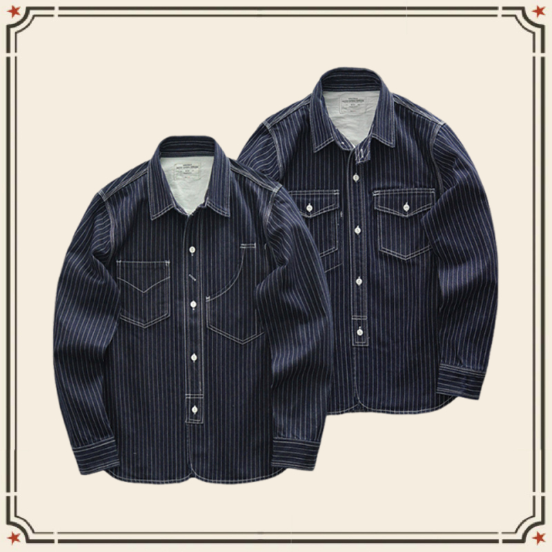 American Striped Denim Workwear เสื้อเชิ้ตแขนยาวผู้ชายฤดูใบไม้ผลิและใบไม้ร่วง Ami Khaki Vintage Jacket
