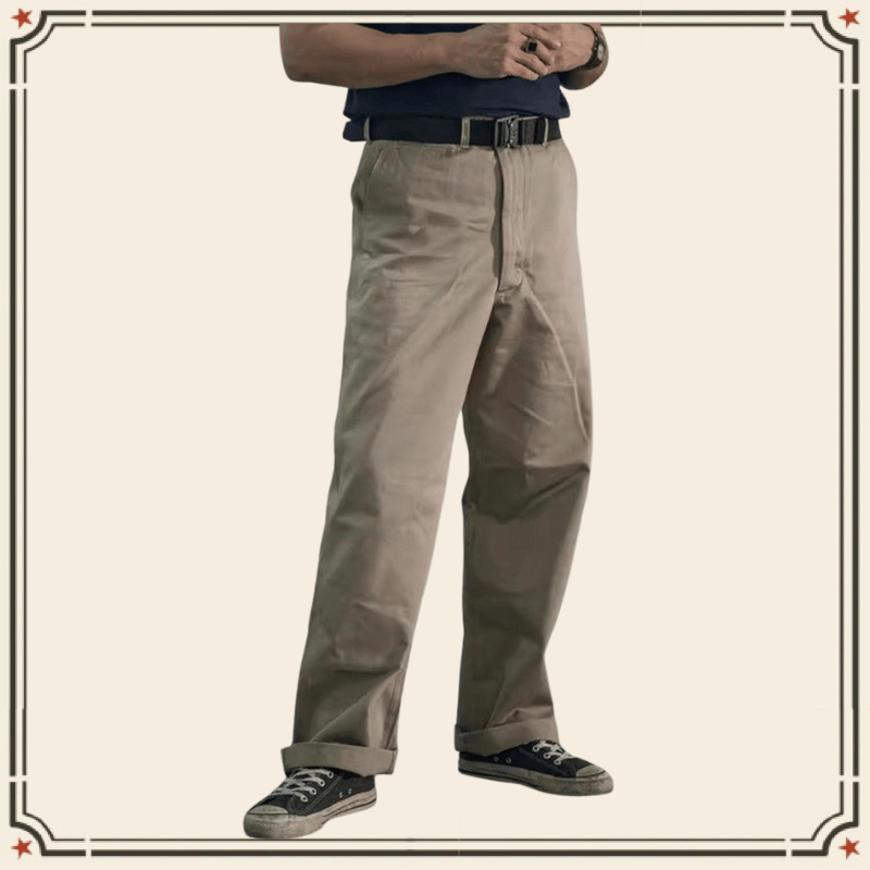 GRND American Mens จีบฟรีหลวมตรงกางเกงลําลองเอวสูงความหนาแน่น Twill กางเกงลําลอง QT