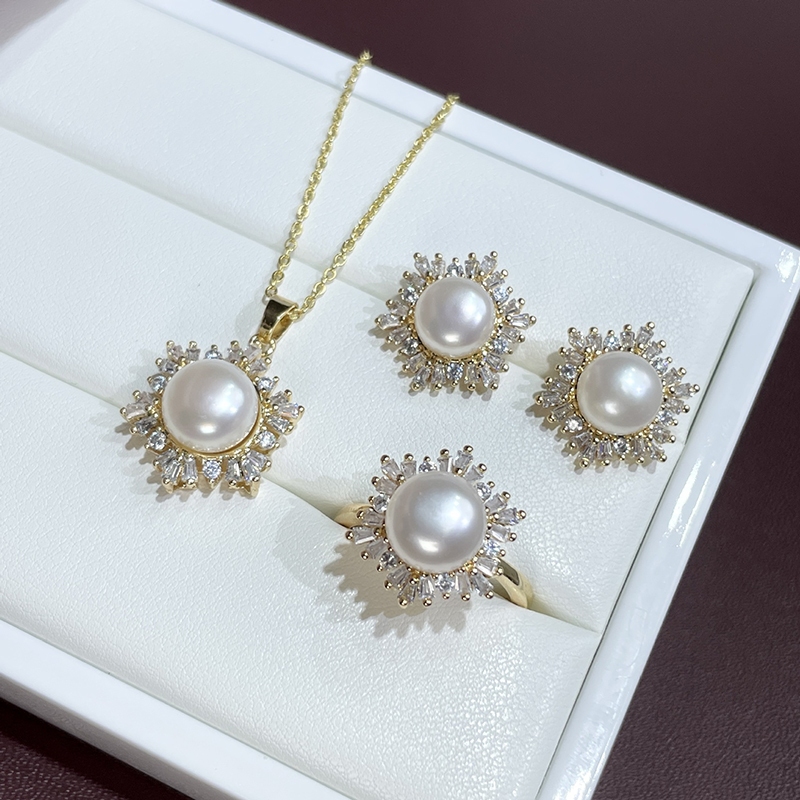 ชุดเครื่องประดับมุกน้ำจืดสำหรับผู้หญิง พร้อมสร้อยคอ แหวน และต่างหู