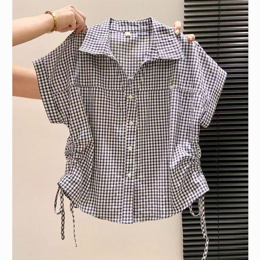 เสื้อแขนสั้นสไตล์เกาหลี ลายสก๊อต มีเชือกรูด สำหรับสาวๆ