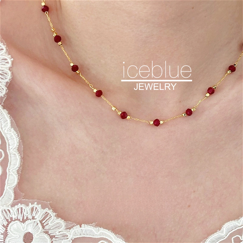【iceblue】สร้อยคอสร้อยแฟชั่นผู้หญิง หินแดงการ์เนต 18K ทองเหลืองชุบ กันน้ำไม่หมอง N70