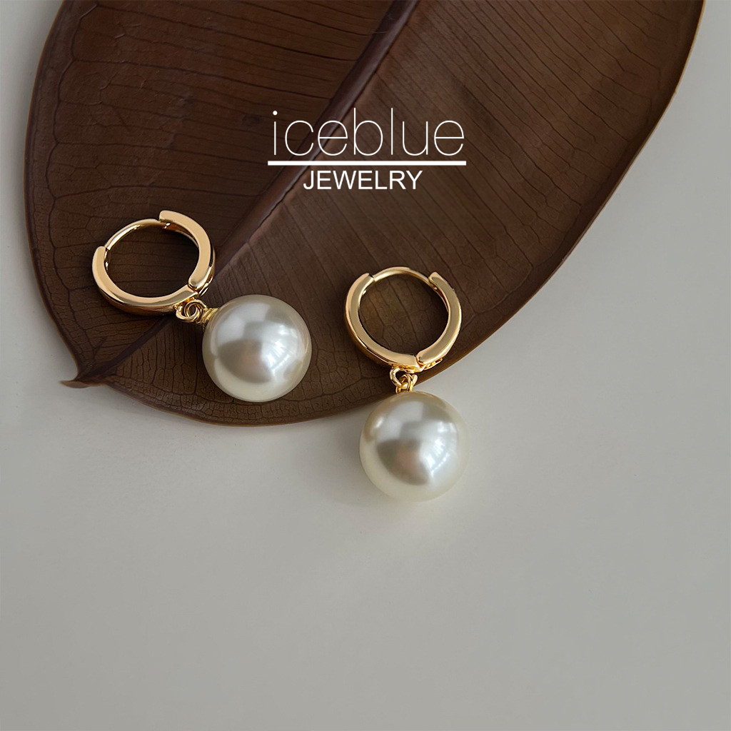 Iceblue-รอบจี้มุก Hoop ต่างหู 14K Gold Plated สแตนเลสไทเทเนียมเหล็กกันน้ํา Non Tarnish Elegant เครื่องประดับสําหรับผู้หญิง E70