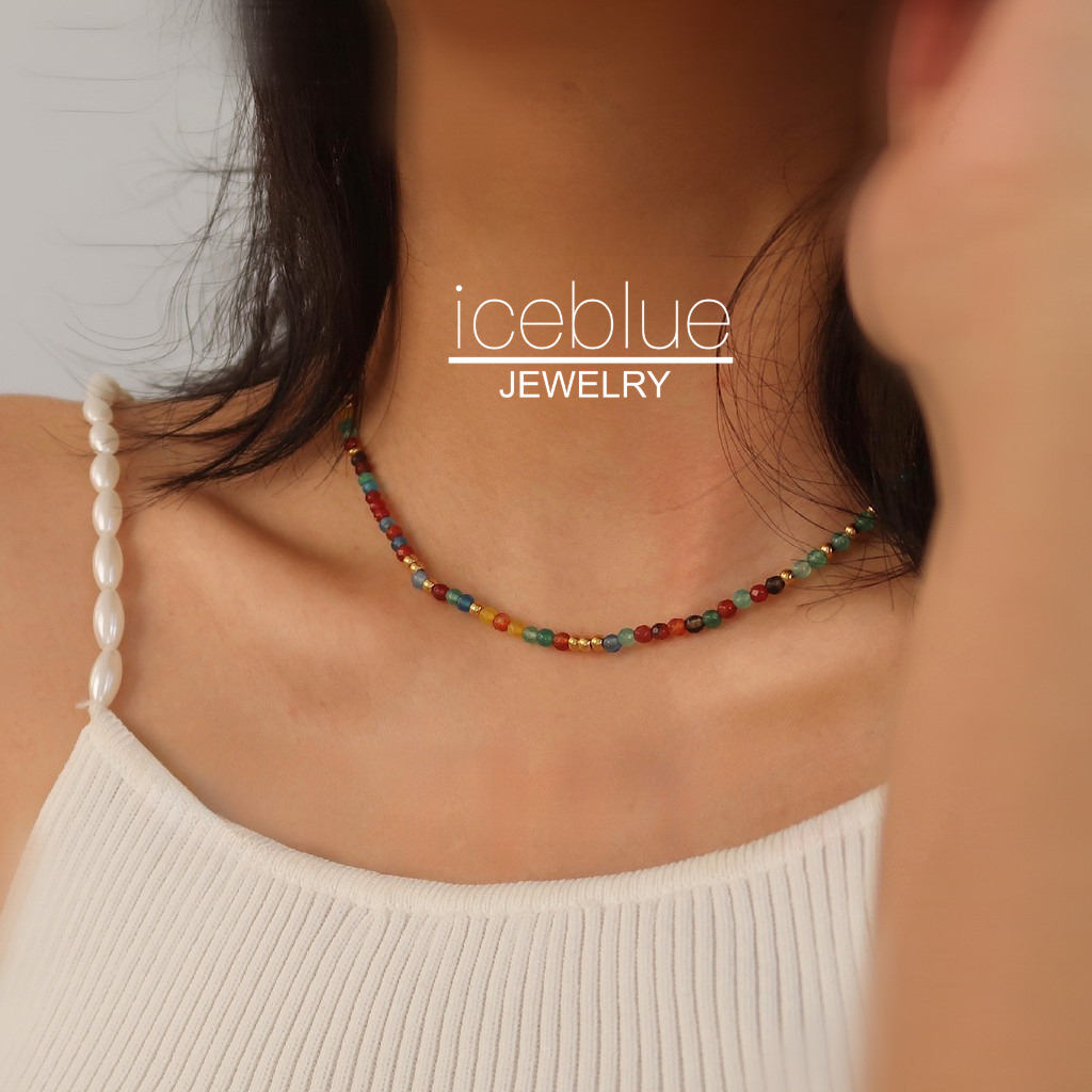 【iceblue】สร้อยโซ่ลูกปัดหินอะเกตธรรมชาติสีสันสดใส ชุบทอง 18K ไม่หมอง ไม่เป็นสนิม สแตนเลสเกรด 316L ไทเทเนียม ของขวัญสำหรับผู้หญิงและผู้ชาย N43