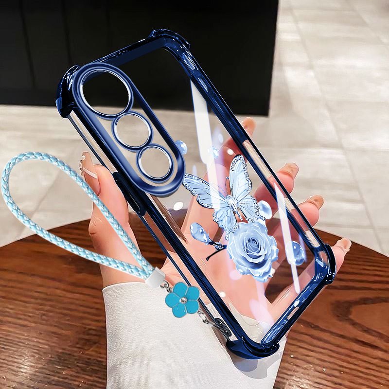 VRQR สําหรับ Vivo V60 Lite V50 Lite V40 Lite 4G 5G V50E V40 Pro 5G กรณีผีเสื้อหรูหรารูปแบบโปร่งใสกันกระแทกเคสโทรศัพท์พร้อมเชือกดอกไม้