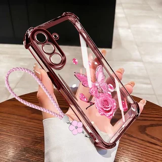 VRQR สําหรับ Samsung Galaxy A57 A37 A17 A56 A36 A26 A16 A55 A35 A25 A15 5G 4G กรณีผีเสื้อหรูหรารูปแบบโปร่งใสกันกระแทกเคสโทรศัพท์พร้อมเชือกดอกไม้