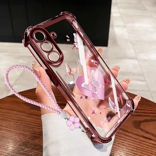 VRQR สําหรับ Samsung Galaxy A57 A37 A17 A56 A36 A26 A16 A55 A35 A25 A15 5G 4G กรณีผีเสื้อหรูหรารูปแบบโปร่งใสกันกระแทกเคสโทรศัพท์พร้อมเชือกดอกไม้