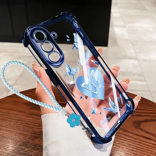 VRQR สําหรับ Samsung Galaxy A57 A37 A17 A56 A36 A26 A16 A55 A35 A25 A15 5G 4G กรณีผีเสื้อหรูหรารูปแบบโปร่งใสกันกระแทกเคสโทรศัพท์พร้อมเชือกดอกไม้