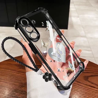 VRQR สําหรับ Samsung Galaxy A57 A37 A17 A56 A36 A26 A16 A55 A35 A25 A15 5G 4G กรณีผีเสื้อหรูหรารูปแบบโปร่งใสกันกระแทกเคสโทรศัพท์พร้อมเชือกดอกไม้