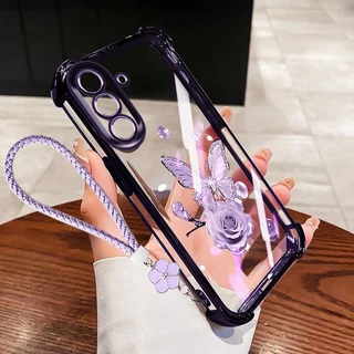 VRQR สําหรับ Samsung Galaxy A57 A37 A17 A56 A36 A26 A16 A55 A35 A25 A15 5G 4G กรณีผีเสื้อหรูหรารูปแบบโปร่งใสกันกระแทกเคสโทรศัพท์พร้อมเชือกดอกไม้