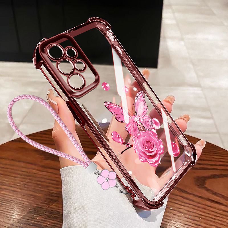 SAMSUNG VRQRสําหรับSamsung Galaxy A57 A37 A27 A17 A56 A36 A26 A16 5G 4G INSคริสตัลดอกไม้ใสกันกระแทกเคสโทรศัพท์พร้อมเชือกเส้นเล็ก