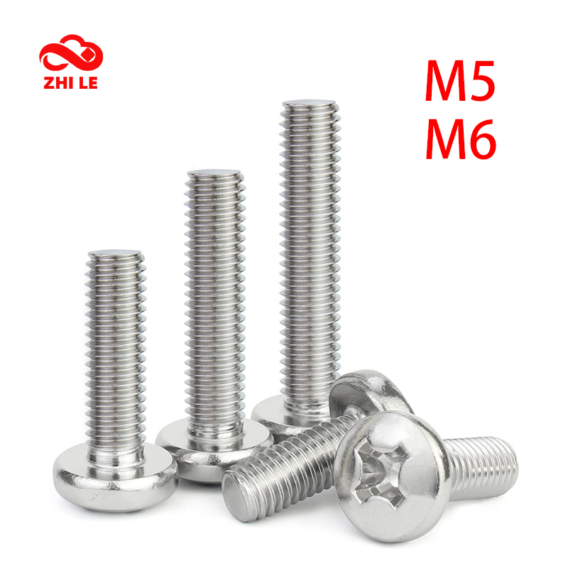M5 M6 Phillips ปุ่มสลักเกลียวหัว 304 สแตนเลสสตีลชุดสกรูกลมชุดคอมพิวเตอร์โลหะ Bolt Pan หัวสกรู YB818