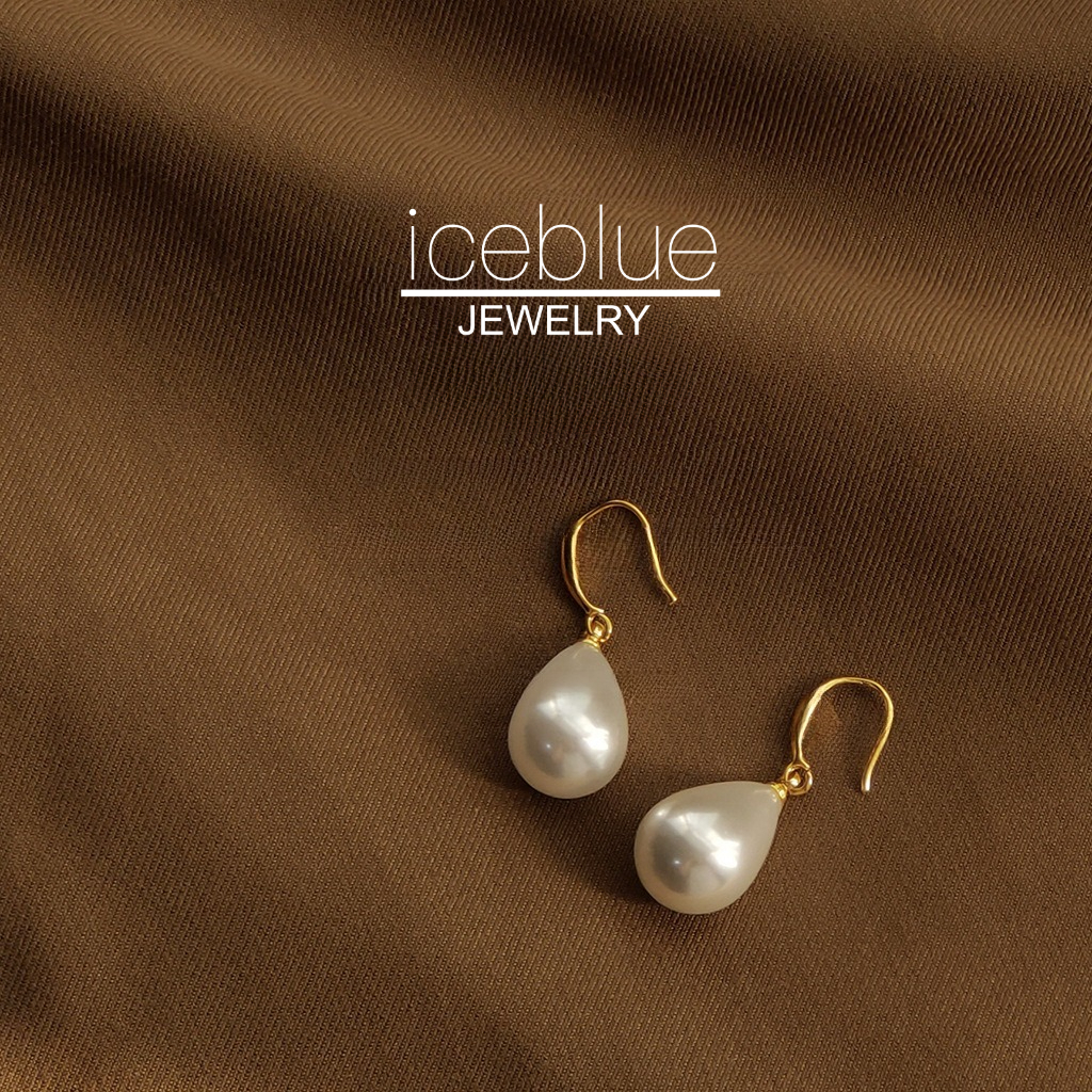 iceblueWater Drop Pearl Ear Hook ต่างหู 14K Gold Plated Non Tarnish เครื่องประดับแฟชั่น Elegant Pearl ต่างหูสําหรับผู้หญิง E08