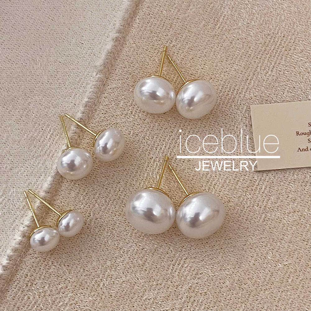 Iceblue-Bright Pearl Stud ต่างหู 8 มม.10 มม.12 มม.14 มม.18K Gold Plated ไทเทเนียมกันน้ํา Non Tarnish Hypoallergenic สําหรับผู้หญิง E97
