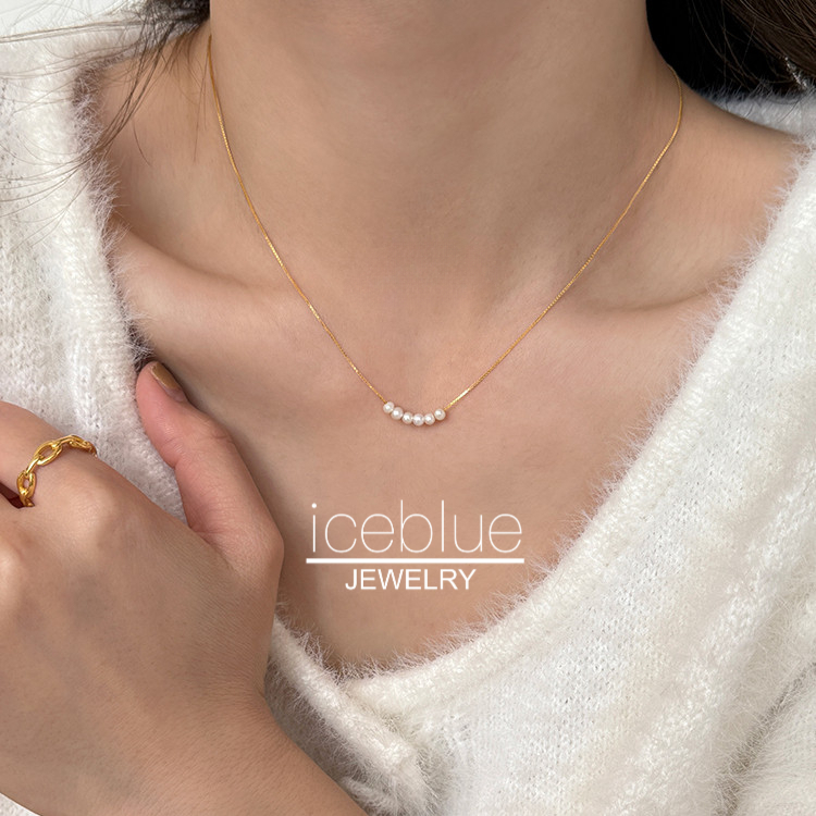 Iceblue-Real สร้อยคอมุกน้ําจืดสําหรับผู้หญิง 18K ชุบทองกันน้ํา Non Tarnish เครื่องประดับสแตนเลสสตีลสร้อยคอไข่มุกไทเทเนียม Original N81
