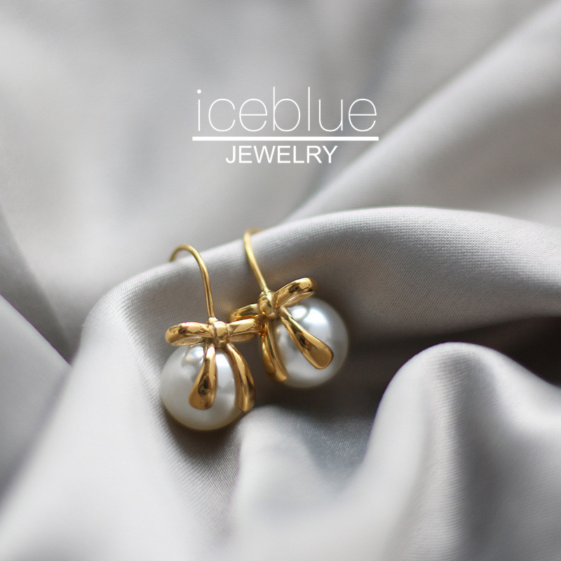Iceblue-[คลังสินค้าพร้อม] 18K Gold Plated Bowknot Pearl Hook ต่างหูไทเทเนียมเหล็ก Elegant Dainty กันน้ํา Non Tarnish Hypoallergenic สําหรับผู้หญิง E19