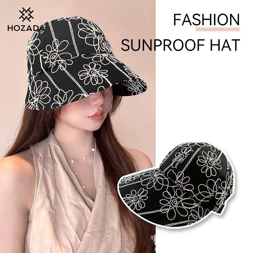 HOZADA ผู้หญิง Sun หมวกหมวกชาวประมงหมวกพับ Sun Visor สามารถแขวนหน้ากากแฟชั่นเย็บปักถักร้อยชายหาดป้องกันแสงแดด UV ป้องกันสําหรับฤดูร้อนท่องเที่ยวกลางแจ้ง