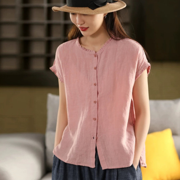 CP วรรณกรรมสีทึบผ้าฝ้ายผ้าลินินแขนสั้นเสื้อผู้หญิงฤดูร้อนสไตล์ใหม่หลวม Slimmer ดูสไตล์ลําลองทุกการแข่งขันผ้าฝ้ายผ้าลินินด้านบน